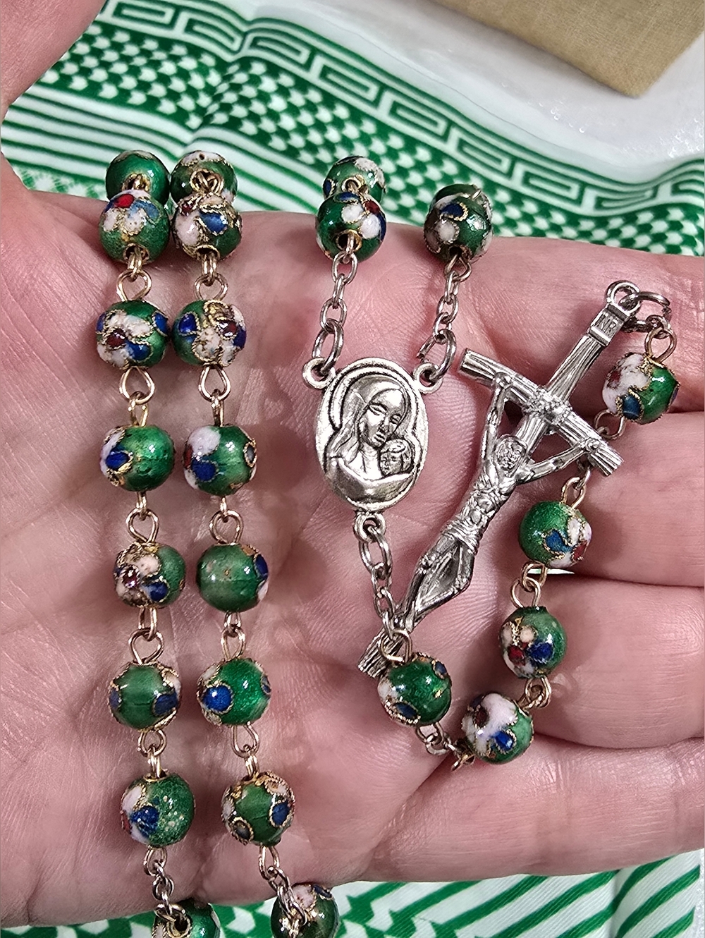 Vintage Terra Jerusalem Green Cloisonné Rosary Bead Necklace with Crucifix